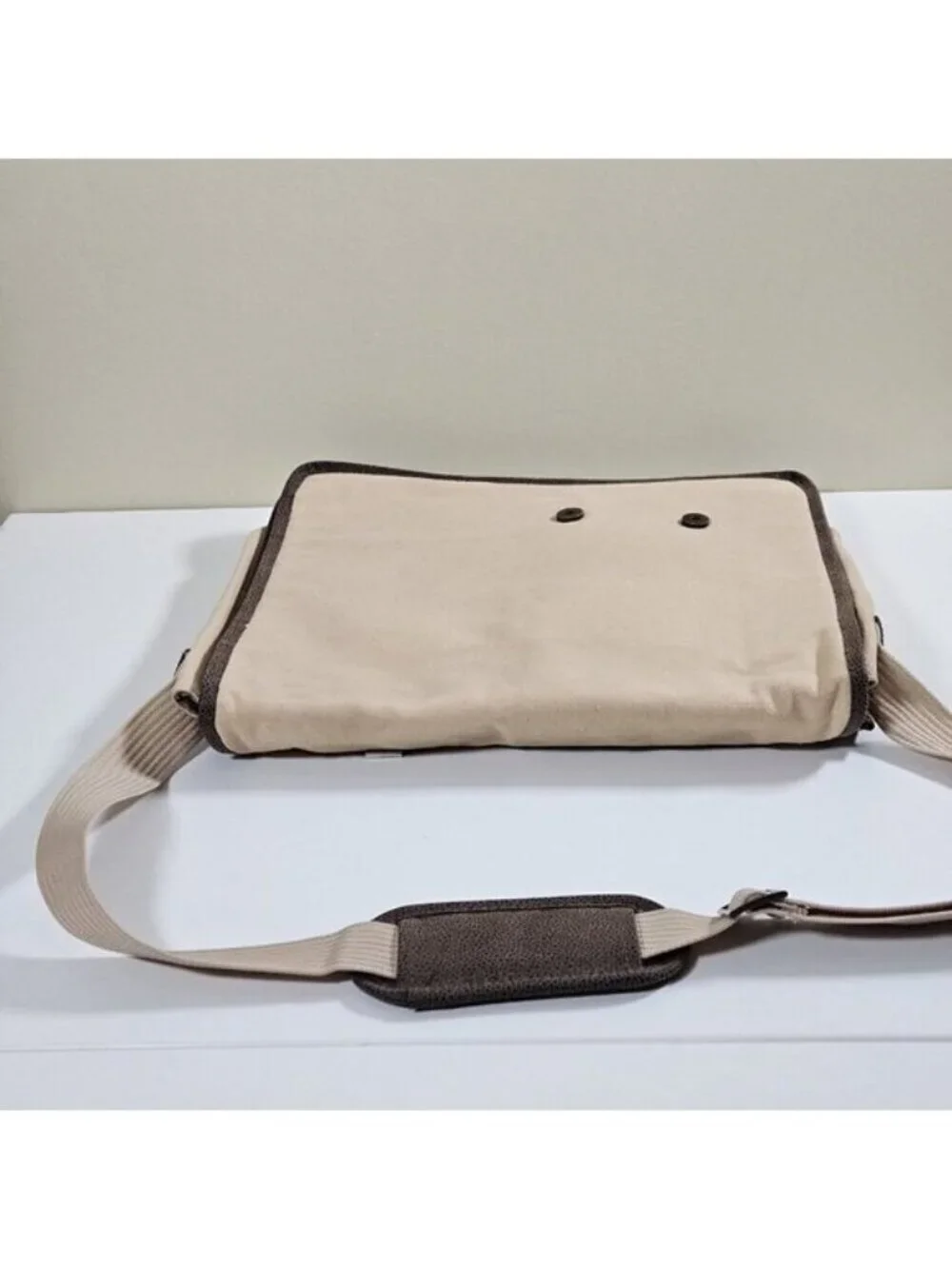 Kanata Sport Crossbody Messenger Bag Beige Canvas Pockets Shoulder Strap FLAW